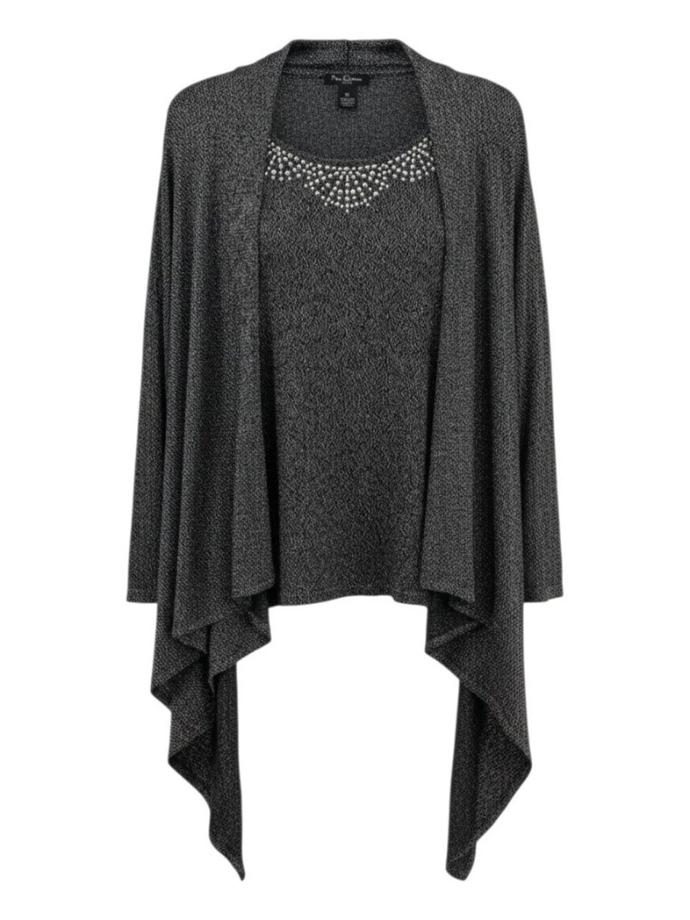 Nue Options Metallic Silver Tone Embellishments Gray Shimmer Twin Set Top PL